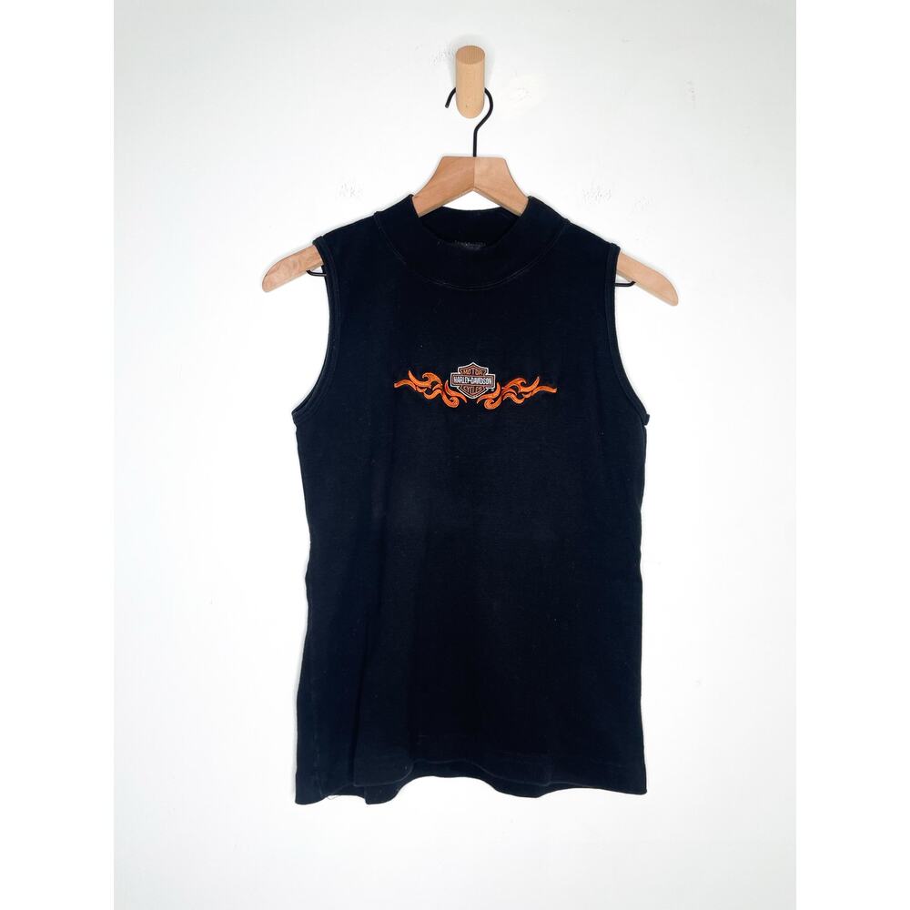 Harley Davidson Black Embroidered Mockneck Top Medium Sleeveless Biker Shirt